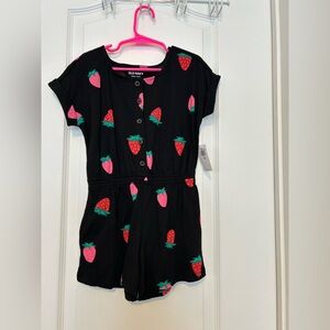 Old Navy Black Romper with Pink & Red Strawberry Print